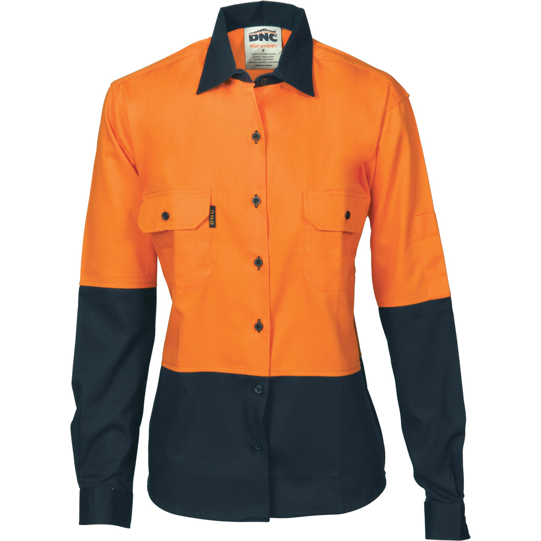 Ladies HiVis Two Tone Cotton Drill Shirt - Long Sleeve - 3932