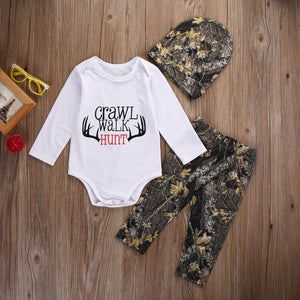 3pcs "Crawl, Walk, Hunt" Baby Outfit