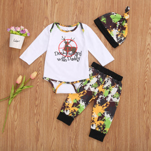 3pcs "Deer Hunting With Daddy" Long or Short Sleeve Romper, Pants Suit Set