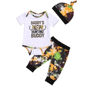 3pcs "Daddy's New Hunting Buddy"  Long  or Short Romper, Pants Suit Sleeve Set