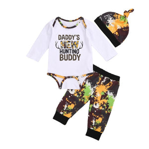 3pcs "Daddy's New Hunting Buddy"  Long  or Short Romper, Pants Suit Sleeve Set