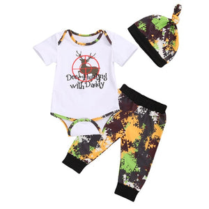 3pcs "Deer Hunting With Daddy" Long or Short Sleeve Romper, Pants Suit Set